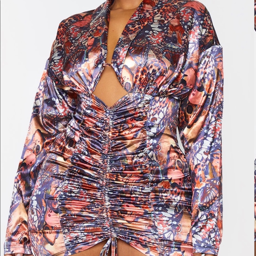 Multi Ruched Butterfly Satin Cut Out Bodycon Dress